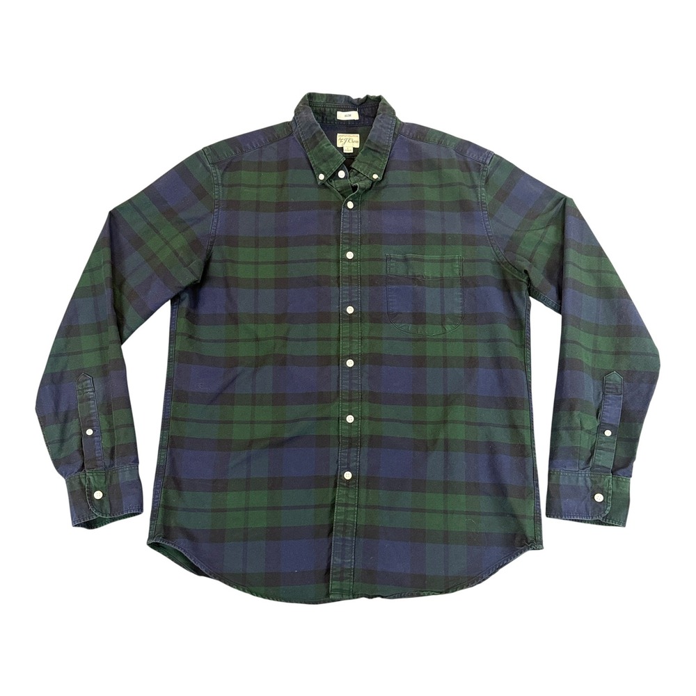 J.Crew Button Down Mens Large Green Navy Blue Black Watch Plaid Slim Pima Cotton